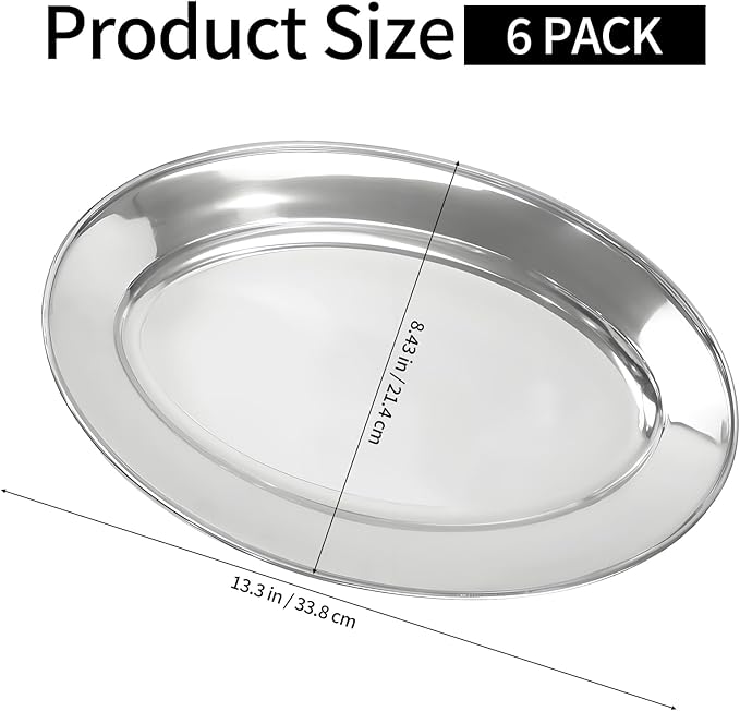 6 Packs Stainless Steel Oval Platter, Metal Plates, Oval Aluminum Platter for Decorative Snack Candy Pizza Fruit Camping Sliver Long & Deep 13 x 8.4 Inch