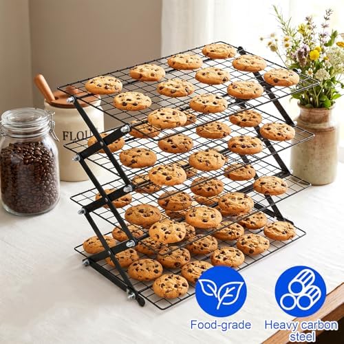 Sibba 4 Tier Collapsibl Cooling Rack, Adjustable 4 Setting Design Stainless Steel Baking Rack Stackable Roasting Cooking Drying Wire Cooling Racks for Cookies Baking Gifts for Women, Black