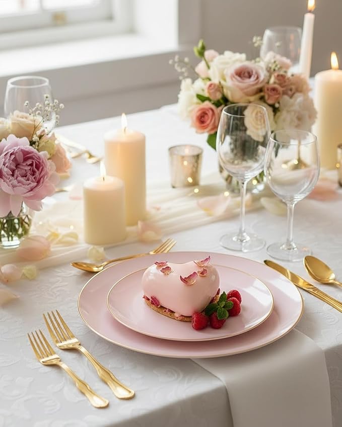 PULOTE 100PCS Pink Plastic Plates - Heavy Duty Pink and Gold Disposable for Party, Wedding, Easter, Include 50 Each (Dinner & Dessert) Plates