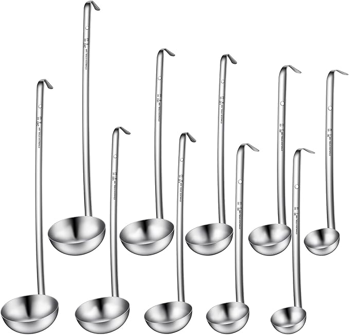 10 Pcs Stainless Steel Ladle 1oz/2oz/4oz/6oz/8oz Soup Ladle with Long Spoon Metal Spoon Sets Big Spoons for Stirring, Portioning, Serving Soup, Stew in Restaurants Home Cooking Soups Sauce