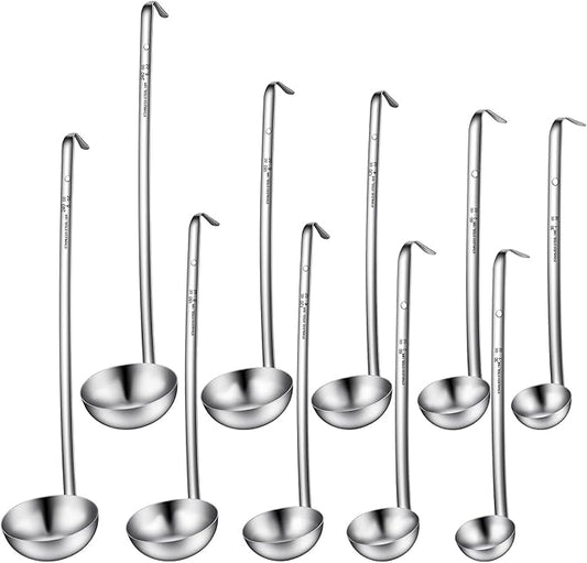 10 Pcs Stainless Steel Ladle 1oz/2oz/4oz/6oz/8oz Soup Ladle with Long Spoon Metal Spoon Sets Big Spoons for Stirring, Portioning, Serving Soup, Stew in Restaurants Home Cooking Soups Sauce