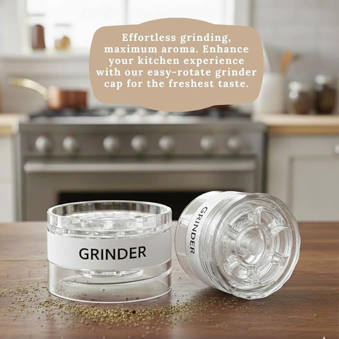 Small Clear Square Glass Spice Jar & Adjustable Grinder Cap | Store & Grind Pepper Salt Spice Herbs Sugar| Foodgrade BPA Free Dishwasher Safe Refillable | 4 Fl. Oz. Capacity | Hand packed in USA
