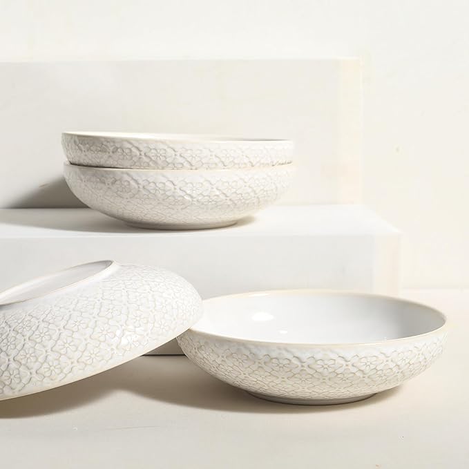 8" Ceramic Pasta Bowls, 22 Oz Serving Bowls Set of 4, Porcelain Shallow Soup Bowl, Embossed Serving Dishes for Pasta, Fruit, Salad, Housewarming Gift, Dishwasher Safe