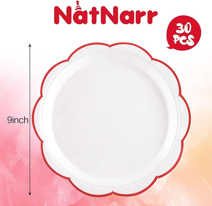 30 Pcs Red and White Paper Plates, 9 Inch White Plates with Red Trim Scalloped Paper Plate Disposable for Mother's Day, Baby Shower, Wedding, Bridal Shower, Birthday
