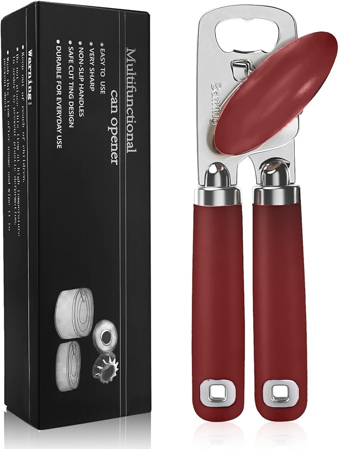 Can Opener Manual, Heavy Duty Stainless Steel Smooth Edge Can Openers With Soft Touch Handle, Oversized Handheld Easy Turn Knob, Multi-Function Bottle Opener, Red