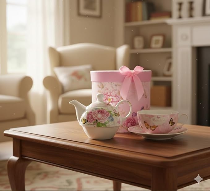 ONEUSTAR Tea for One Set Ceramic Floral Teapot and Cup Saucer Set for Women Afternoon Tea Mother's Day Gift in Reusable Gift Box, Pink Rose Flower