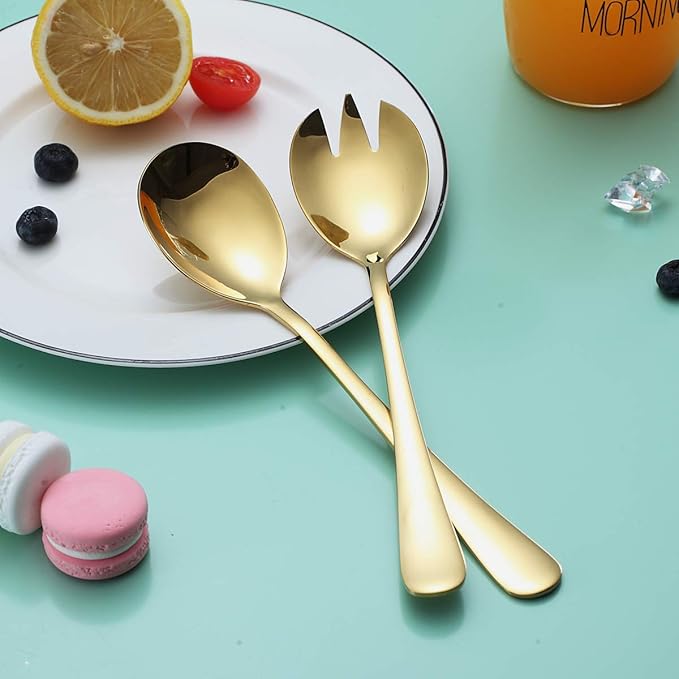 Gold Salad Server Set, Berglander Stainless Steel Salad Serving Set With Titanium Gold Plating, Salad Servers, Salad Spoon, Salad Fork, Pack of 2 (Shiny Gold)