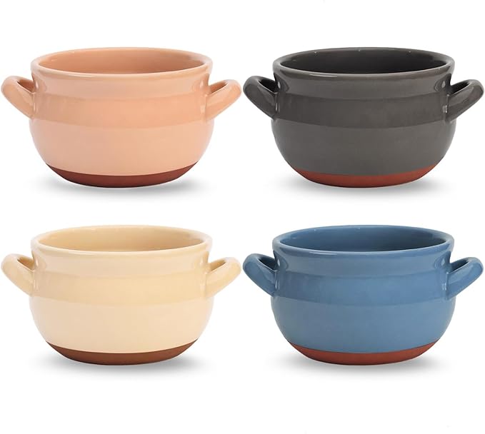 French Onion Soup Bowls, 16 oz French Onion Soup Crocks with Handles for Chilli, Cereal, Cereal, Pot Pies, Oven, Broil & Dishwasher Safe, Multicolor, Set of 4