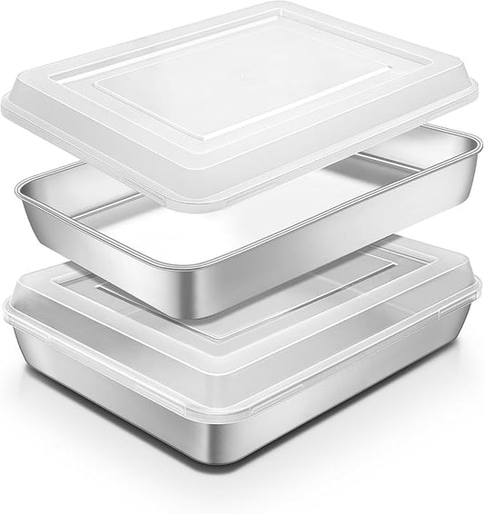 Stainless Steel Baking Pan with Lid, 12⅓ x 9¾ x 2 Inch Deep Rectangle Cake Pans with Cover for Cakes, Brownies, Cookies, Deep Side & Heavy Duty,Dishwasher & fridge & Oven Safe(2 Pans + 2 Lids)