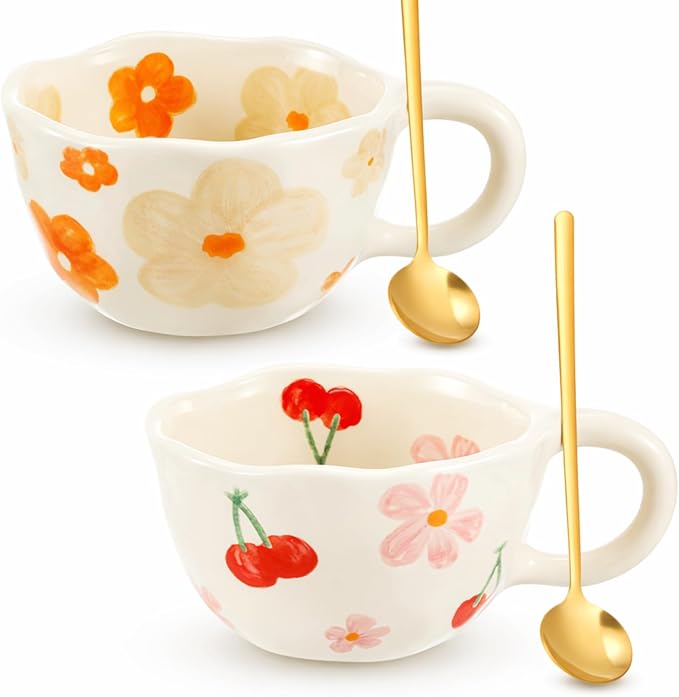 Vesici 2 Pcs Ceramic Coffee Mugs with Spoon, Vintage Floral Spring Mugs with Handle, 8.5 oz Aesthetic Flower Porcelain Tea Cup Set, Dishwasher & Microwave Safe for Home Office Gift(Fresh)