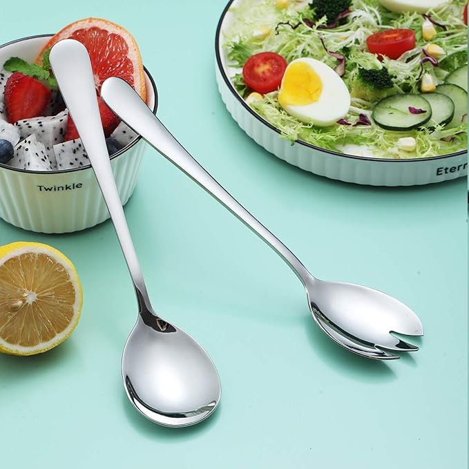 Salad Server Set, Berglander Stainless Steel Salad Serving Set, Salad Servers, Salad Spoon, Salad Fork, Pack of 2 (Shiny Silver)