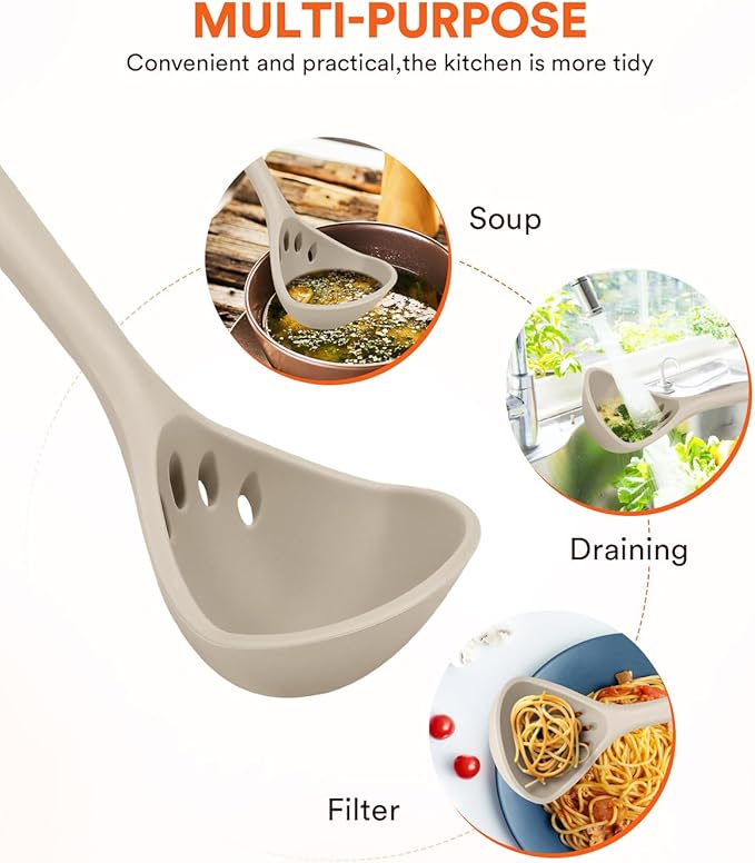 Large Silicone Ladle Spoon for Soup, Non Stick Kitchen Utensils with High Heat Resistant, BPA Free, Perfect Kitchen Tools for Cooking, Stirring,Serving Soups, 13.2inch (Khaki)
