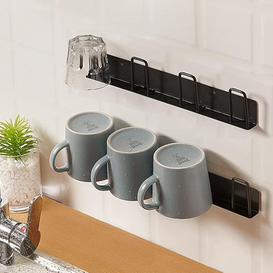 2pcs Mug Hooks Wall-Mounted Mug Holder, Coffee Cups Holder Hanger no Drilling,Mug Rack Hooks with 4 Cup Holders,RV Must Haves Cups Storage Hooks for Kitchen,Living Room,Office (Black)