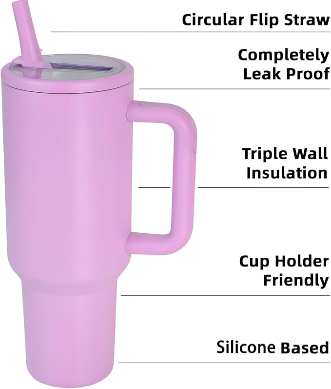 40 oz Insulated Tumbler with Handle,Flip Straw,Lid & Rubber Base Stainless Steel Water Bottle - Leak Proof Vacuum Insulated Mug BPA Free Reusable Travel Cup Gifts for Women/Men (Dark purple)