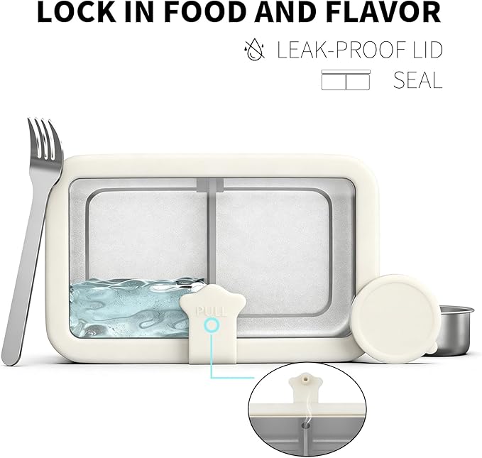 Stainless Steel Bento Box for Adult, 42oz Leak-Proof Metal Lunch Box Containers with Adjustable Divider, Microwave-Safe, Lunchbox with Glass Lid for Work Travel