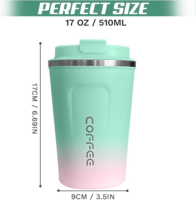 Travel Coffee Mug Leak-Proof, Reusable Coffee Cups with Lids, Stainless Steel Vacuum Insulated Coffee Tumblers, Thermal Insulation Cup for Men and Women Hot & Cold Drinks(2nd-Green Pink, 17OZ)
