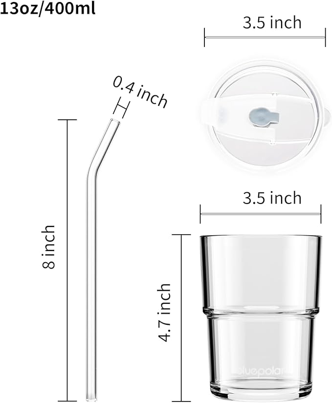 13oz/400ml Glass Water Tumbler with Straw and Lid Sealed Carry On Thick Wall Iced Coffee Cup Glass Cup for Water, Iced Tea Fruit Juice Etc(Aurora White