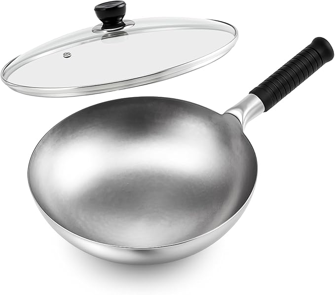 Pure Titanium Wok with Lid, Ultra Lightweight 2.5 Lbs Titanium Wok Single-piece Molded No Coating Rivetless Handcrafted Frying Pan Durable Cookware for Gas Stove Home & Outdoor Camping