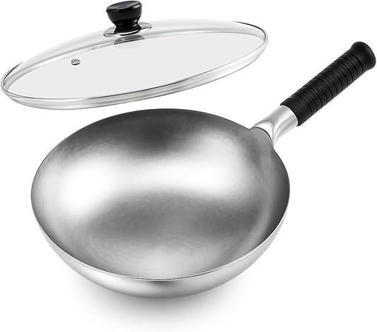 Pure Titanium Wok with Lid, Ultra Lightweight 2.5 Lbs Titanium Wok Single-piece Molded No Coating Rivetless Handcrafted Frying Pan Durable Cookware for Gas Stove Home & Outdoor Camping