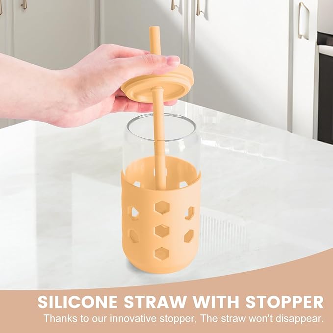 Glass Cups with Lids and Straws (4 Pack), 16oz Drinking Glasses Set with Silicone Sleeves for Coffee Bar Accessories Iced Coffee Cups with Lids, Glass Tumbler Reusable for Gifts