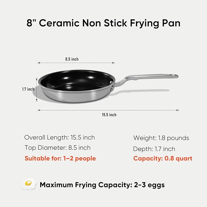 5 Ply Ceramic Non Stick Frying Pans - 8 Inch Stainless Clad Nonstick Skillet, Professional Cookware for Induction, All Stoves and Oven