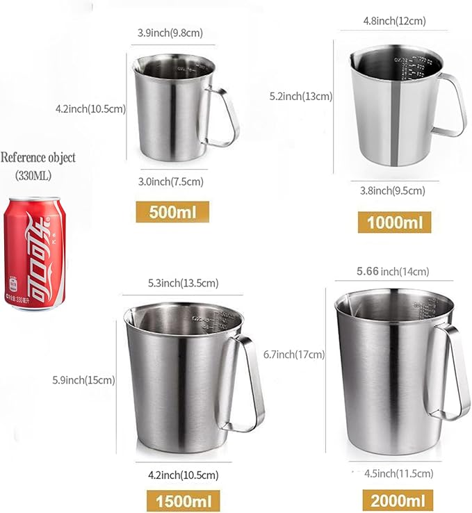 48Oz/6Cup Stainless Steel Pitcher (SUS304), 1.50 Liter Metal Container for Water, Milk, Liquid with Handle with Engraved Markings, Silver