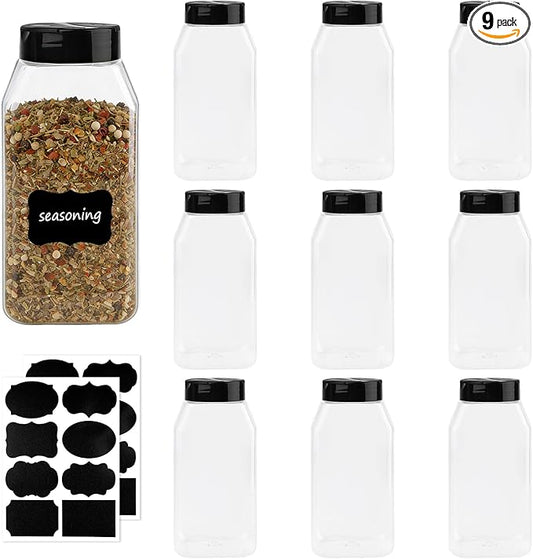 PineHaven 9 Pcs 16 oz Plastic Spice Jars with Black Cap,Square Plastic Bottle Containers with Lid and Stickers,Empty Seasoning Bottles Large Clear Spice Shaker for Storage Spices, Coffee, Tea, Herbs