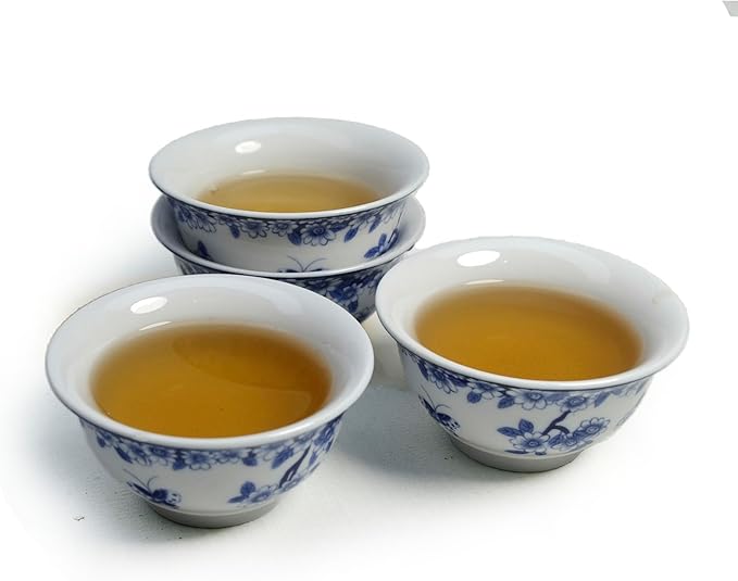 Liang baobao Chinese Traditional Tea Tasting Cup Set of 4, 2oz White Porcelain Mini Cups for Gongfu Tea Ceremony (Butterfly Love Flower)