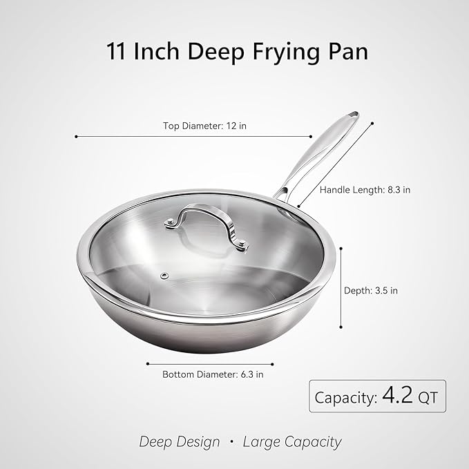 WANGYUANJI 4.2 QT Tri-Ply Stainless Steel Wok Pan with Lid, 12" Flat Bottom Stir Fry Skillet for Asian Cuisine, Premium 18/10 Induction Cookware for 3-4 Servings, Oven Safe