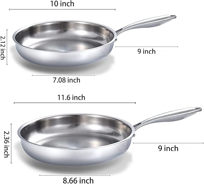 DELARLO Tri-Ply Stainless Steel Pan, 18/10 Frying Pan, Oven Safe Up to 600°F, Nontoxic Cookware, Compatible with All Cooktops Skillet, Durable, Fast Even Heat Fry Pan,9+11 inch Pan