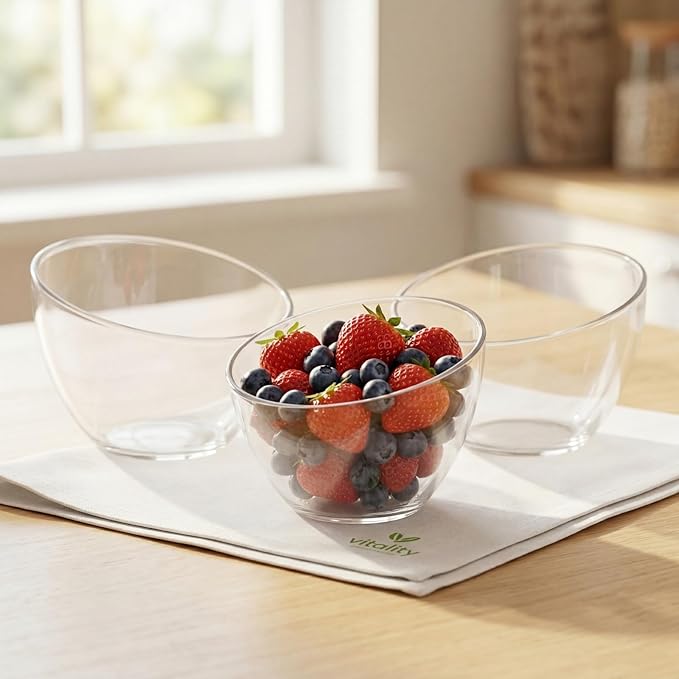 Lyellfe 3 Pack Angled Plastic Bowls, Clear Salad Serving Bowl, Thick Acrylic Candy Bowls for Parties in Assorted Sizes, Snack Bowl for Pasta, Candy, Chips, Fruit, Prep