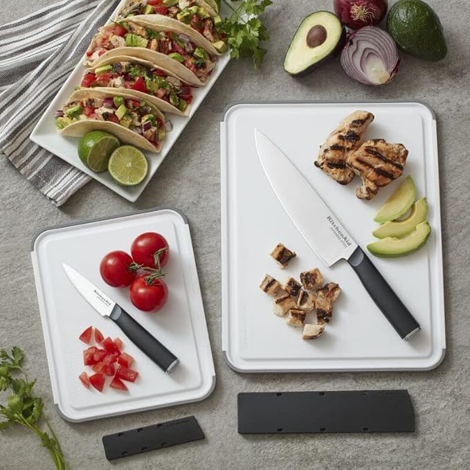 KitchenAid Classic Nonslip 2-Piece Plastic Cutting Board Set with Perimeter Trench and Non Slip Edges, 2-Piece Kitchen Chopping Boards, Dishwasher-Safe, White and Gray
