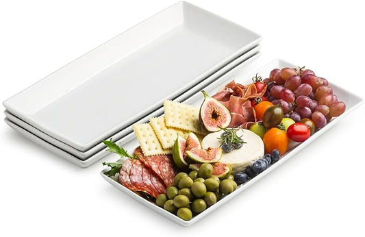 Serving Platters and Tray White Serving Dishes for Entertaining 14-inch Large Rectangle Plates for Easter, Mother's Day, Porcelain Serving Trays for Steak, Taco, Sushi, Appetizer, Party, Set of 4