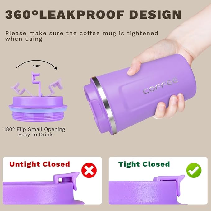 Travel coffee mugs leak-proof, reusable coffee cup with lid, stainless steel vacuum insulated coffee tumblers, thermal insulation cups for men & women keep drinks hot & cold (2nd-Purple, 12OZ)