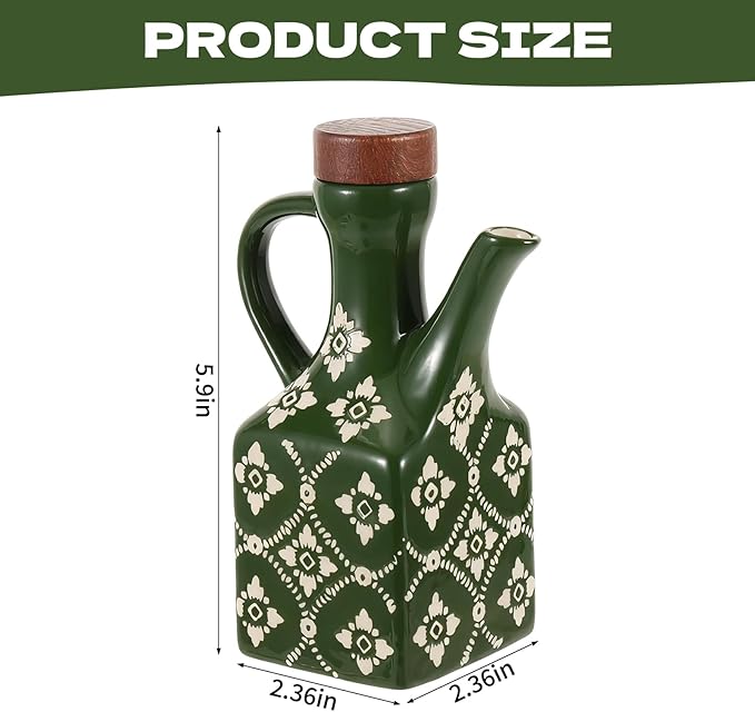 8.5 oz Green Ceramic Olive Oil Dispenser Bottle Decorative Olive Oil Dispenser Bottle with Handle & Wooden Stopper Relief Opaque Ceramic Oil Cruet for Kitchen Cooking Oil Vinegar