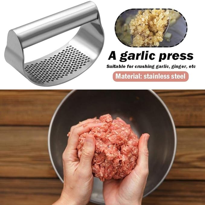 Garlic Press Rocker Stainless Steel, Fruit Crusher with Comfortable Handle Porous Surface, Easy Use & Clean, Vegetable Squeezer Kitchen Tool