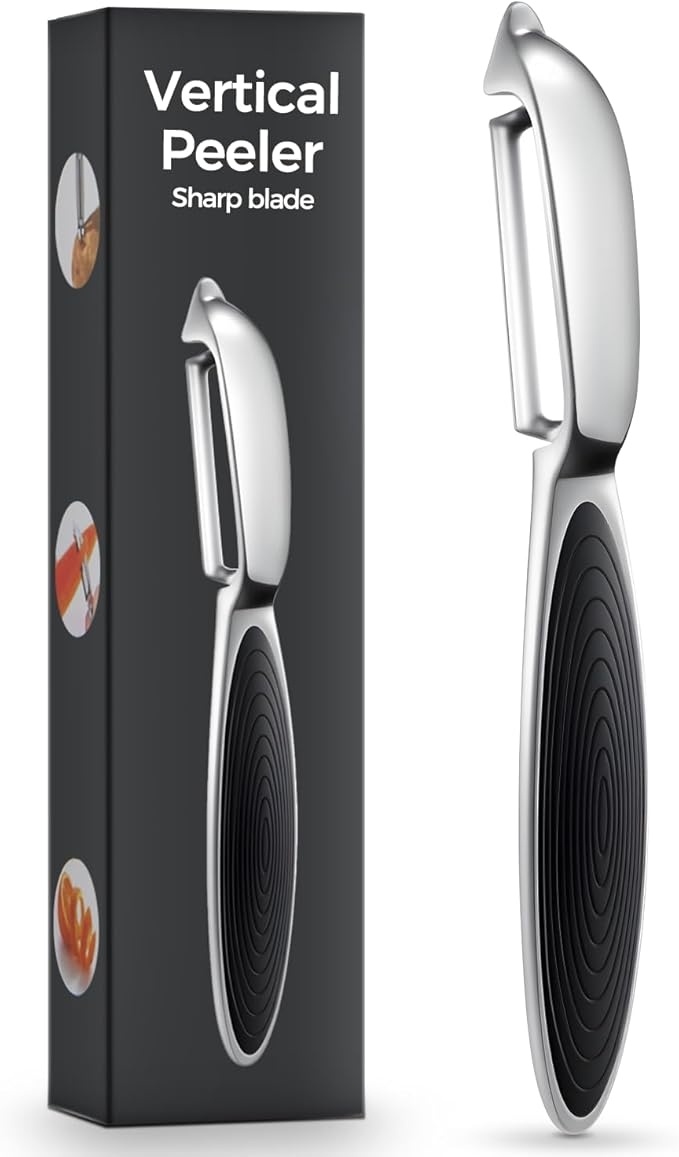 One-piece vegetable peeler with ergonomic non-slip handle and sharp blade, sturdy and durable—the perfect kitchen peelers designed for vegetables, fruits, potatoes, carrots, and apples-black