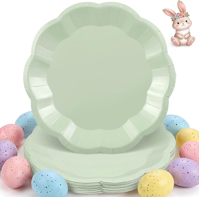30 Pcs Sage Green Paper Plates, 9 Inch Scalloped Easter Plates Green Dessert Dinner Plate Cute Party Plate Disposable Party Supplies for Wedding, Baby Bridal Shower, Birthday