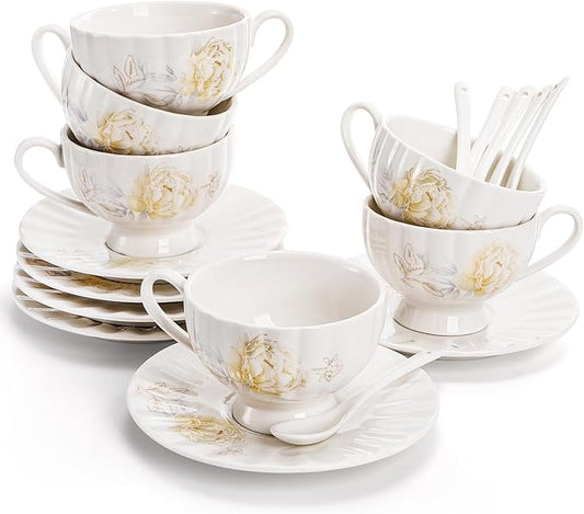 Tea Cups and Saucers Set of 6, 7 Oz Floral Tea Cups, White Porcelain Tea Cup with Saucer, British Coffee Cups Sets for Women Teas Party, Cappuccino, Latte, Microwave Safe