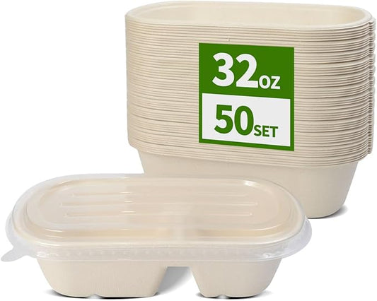 50 Pack Large 2 Compartment Paper Bowls with Lids, Divider Food Containers Disposable for Main Dish with Sides, Chip Dips (50 Bowls 50 Lids)