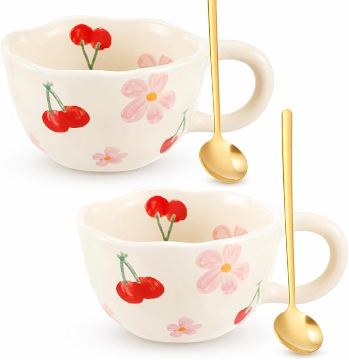 Vesici 2 Pcs Ceramic Coffee Mugs with Spoon, Vintage Floral Spring Mugs with Handle, 8.5 oz Aesthetic Flower Porcelain Tea Cup Set, Dishwasher & Microwave Safe for Home Office Gift(Cherry)
