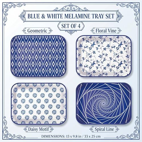Vesici 4 Pack Blue White Melamine Serving Trays, 13 x 10 Inch Platters