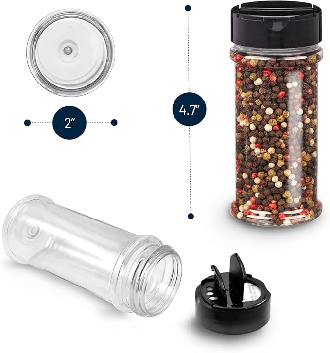 RoyalHouse 6 Pack 5.5 Oz Plastic Spice Jars with Black Cap, Clear and Safe Plastic Bottle Containers with Shaker Lids for Storing Spice, Herbs and Seasoning Powders, BPA Free, Made in USA