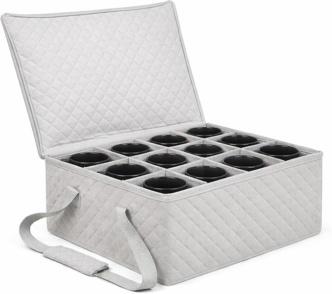 Coffee Mug Storage Bin - Mug Storage Box for Coffee Cups & Mugs (Holds 12 Cups) - Stackable Mug Storage Organizer with Dividers for Kitchen Cabinets & Countertops (Grey & Beige) by Govilla