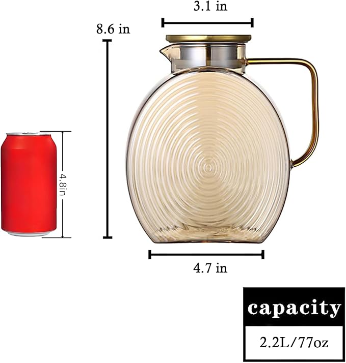 77oz Glass Water Pitcher with Gold Lid - 2.2L Large Capacity Jug with Wide Handle for Fridge, Iced Tea, Lemonade, Juice & Coffee