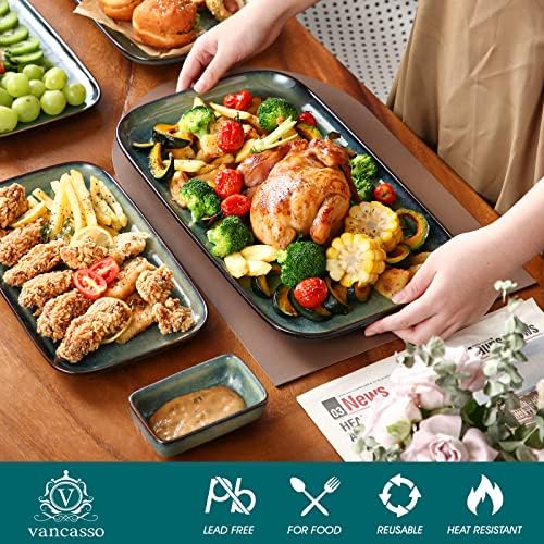 vancasso Stern Serving Platters Set of 3, 15/13/ 11 Inches Rectangular Serving Plates, Green Serving Trays for Entertaining, Party