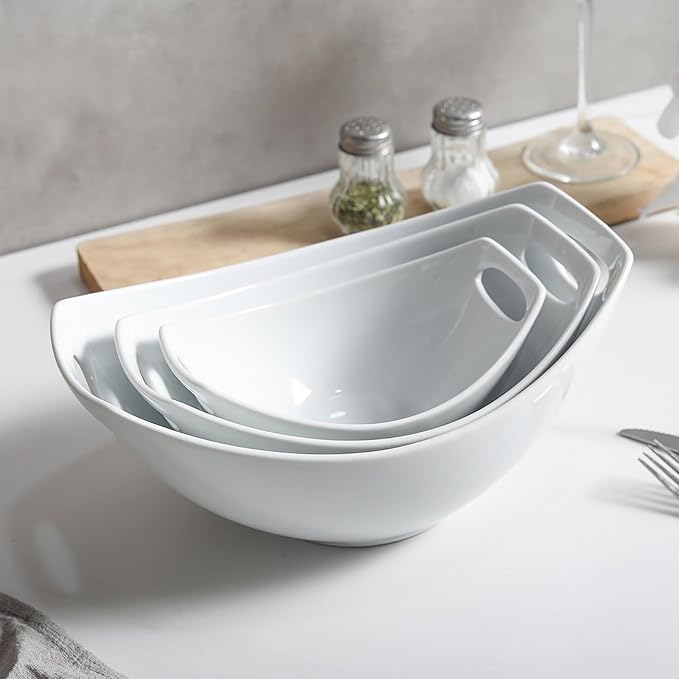 3 Piece Serving Bowls with Handle, Porcelain Serving Dishes, for Entertaining, Party, Housewarming, Christmas, Baby Shower, Microwave, and Dishwasher Safe, 15/28/47 oz, White