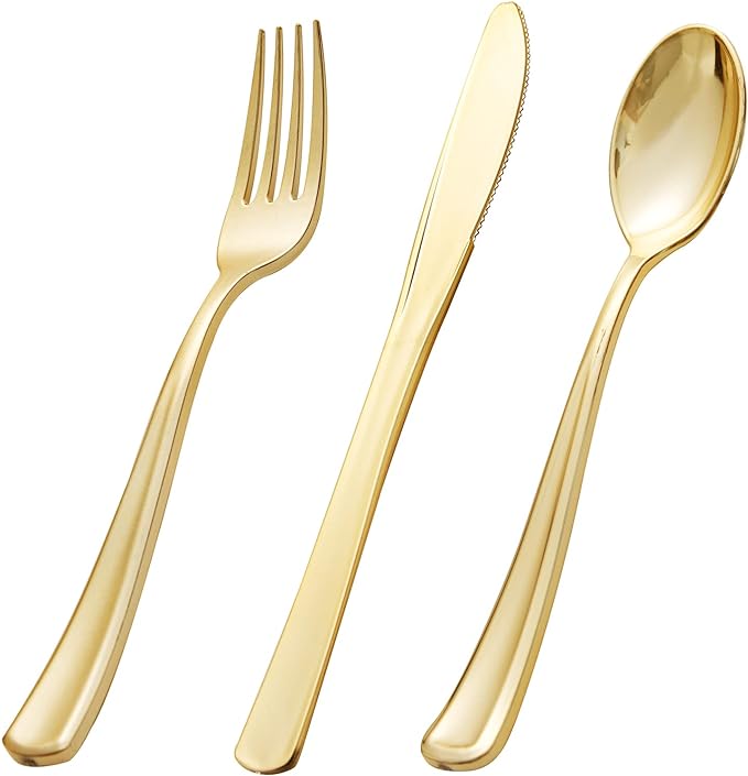 bUCLA 600 Pieces Gold Plastic Silverware - Disposable Gold Utensils - Heavy Duty Plastic Cutlery set- 200 Forks, 200 Spoons, 200 Knives for Party & Wedding