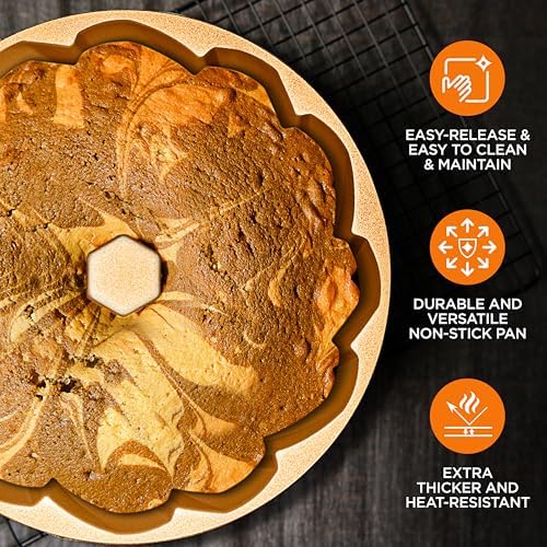 NutriChef 9-Inch Cake Pan - Heavy Die Cast Aluminum Cake Baking Mold with 2 Layers of Professional Nonstick Coating - Fluted Flow Design for Uniform Baking & Browning, Dishwasher Safe - Gold