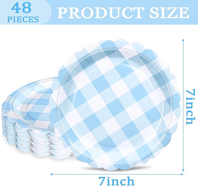 48 Pcs 7" Blue Gingham Paper Plates Light Blue & White Scalloped Checkered Party Plates, Pastel Plaid Dessert Table Supplies for BBQ Gathering Picnic Baby Shower Birthday Dinner Party Tableware